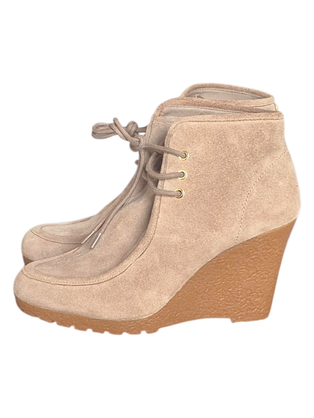 Michael Kors Rory Dark Dune Suede Lace Up Wedge Chic Booties Ankle Boots 10M